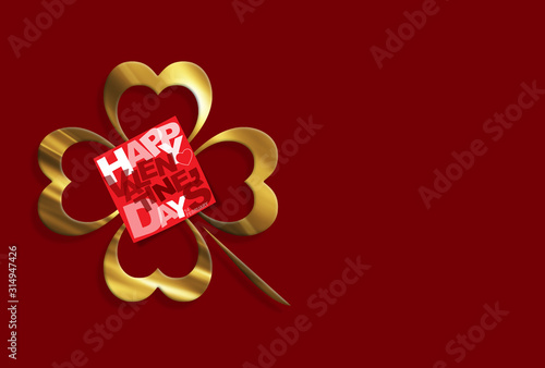 Gold four leaf lucky clover leaf on red background. Valentine's day design.