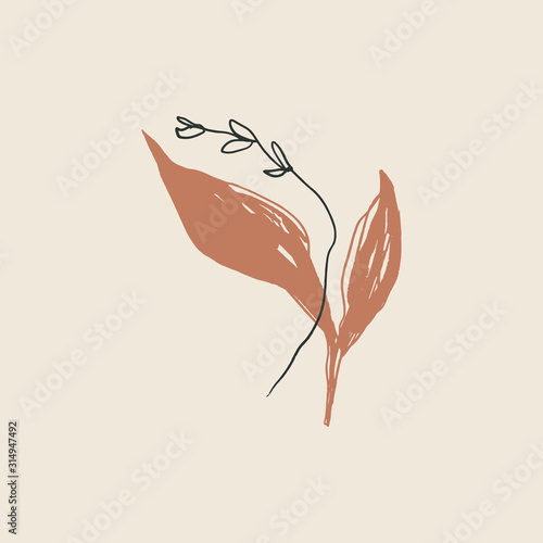 Plant Leaf Minimalistic Line Art Print Abstract Modern Digital Painting Terndy Terracotta Color Abstraction Poster Contemporary Burnt Orange Vector Illustration