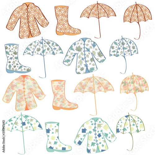 Vector Green Yellow Blue Orange Yellow Rain Coats, Boots Umbrellas Icon Set on White Background. Clip art for embellishing cards, newsletters, scrapbooking.