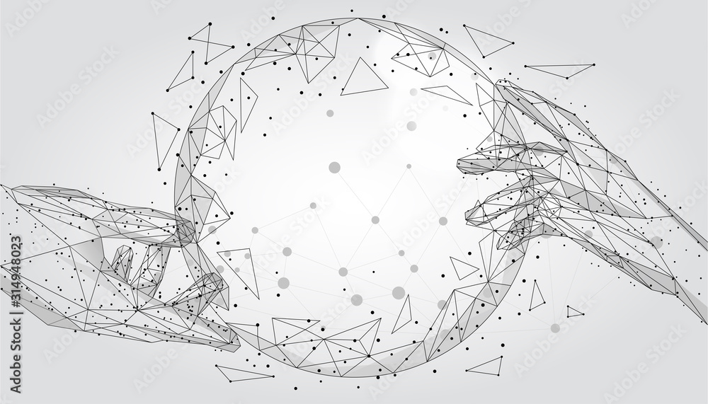 Abstract mash line and point, polygonal hands touching digital global form. Low poly Illustration 