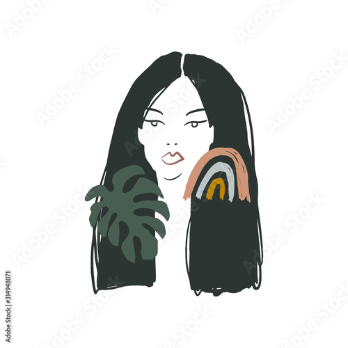 Modern Boho Pastel Terracotta Collage Line Drawing Woman With Leaf Earring Face Hairstyle Fashion Beauty Minimalist Vector Illustration Modern Abstract Graphics Print