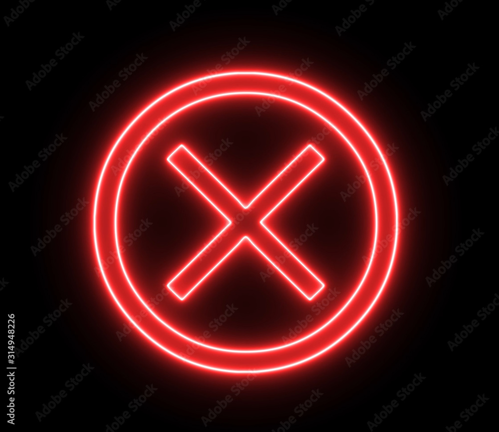 Neon cross mark, x symbol. Wrong, error concept with glowing, neon light. Neon cross mark, x symbol. Wrong, error concept with glowing, neon light.
