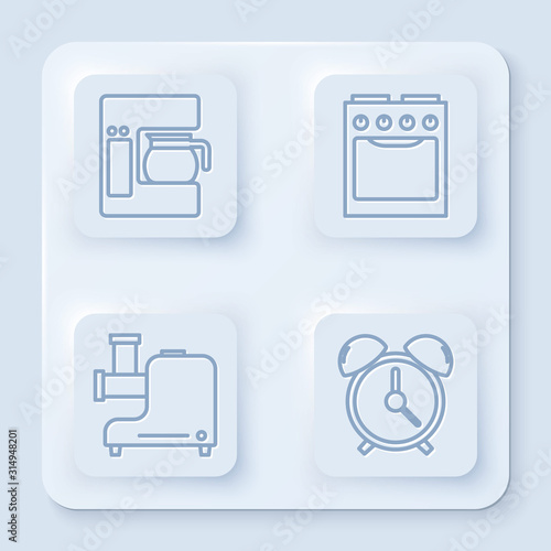 Set line Coffee machine with glass pot , Oven , Kitchen meat grinder  and Alarm clock . White square button. Vector