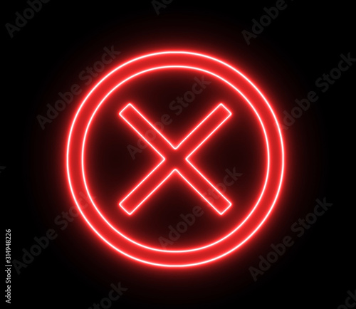 Neon cross mark, x symbol. Wrong, error concept with glowing, neon light. 
