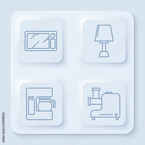Set line Microwave oven , Table lamp , Coffee machine with glass pot  and Kitchen meat grinder . White square button. Vector