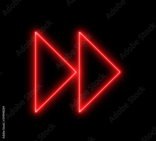 Neon forward button, arrow shape. Playing music, audio or video concept. 