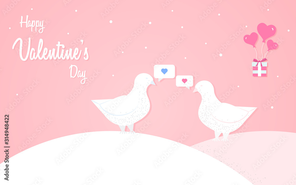 Happy Valentine's Day design concept, two doves in love, romantic composition in paper style, vector illustration on a pink background Happy Valentine's Day design concept, two doves in love, romantic composition in paper style, vector illustration on a pink background