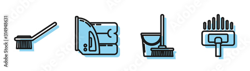 Set line Mop and bucket , Toilet brush , Electric iron and towel  and Vacuum cleaner icon. Vector
