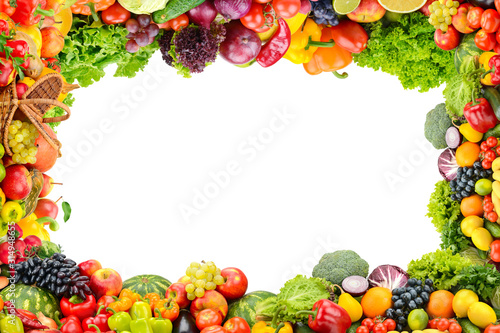 Collage fresh and healthy vegetables and fruits in form frame isolated on white