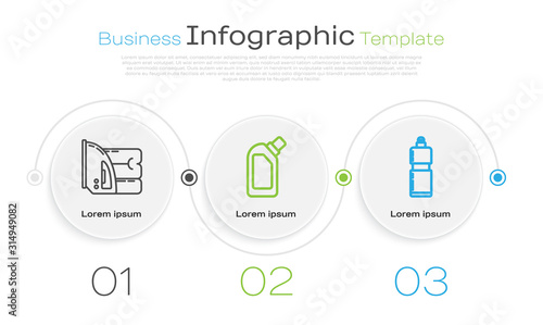 Set line Electric iron and towel , Plastic bottles for liquid dishwashing liquid and Plastic bottles for liquid dishwashing liquid. Business infographic template. Vector