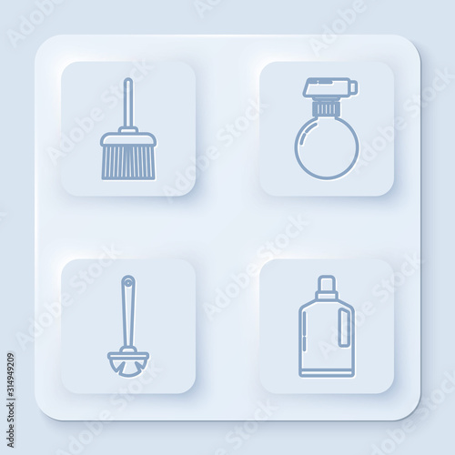 Set line Handle broom , Cleaning spray bottle with detergent liquid , Toilet brush and Plastic bottles for liquid dishwashing liquid. White square button. Vector