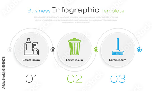 Set line Plastic bottles for liquid dishwashing liquid, Trash can and Mop . Business infographic template. Vector