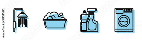 Set line Plastic bottles for liquid dishwashing liquid, Shower head with water drops flowing , Plastic basin with soap suds and Washer icon. Vector