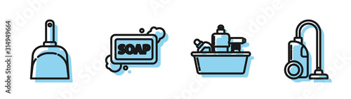 Set line Plastic bottles for liquid dishwashing liquid, Dustpan , Bar of soap with foam and Vacuum cleaner icon. Vector