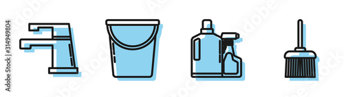 Set line Plastic bottles for liquid dishwashing liquid, Water tap , Bucket and Handle broom icon. Vector