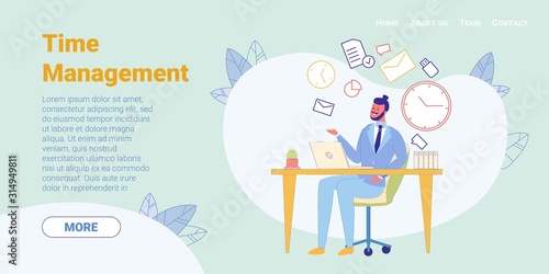 Flat Employee Working on Laptop, Time Management.