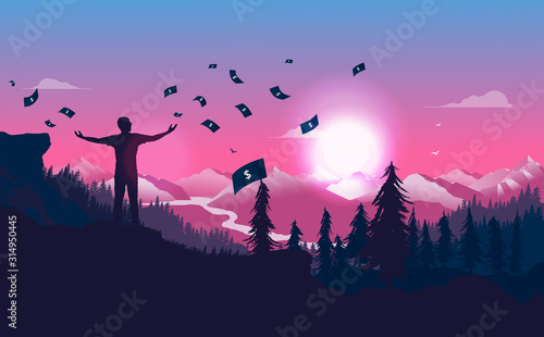 Throwing and wasting money. Man throws dollar bills to the wind, with great view over mountains and forest. Financial freedom, rich, taxes, no need for money concept. Vector illustration.