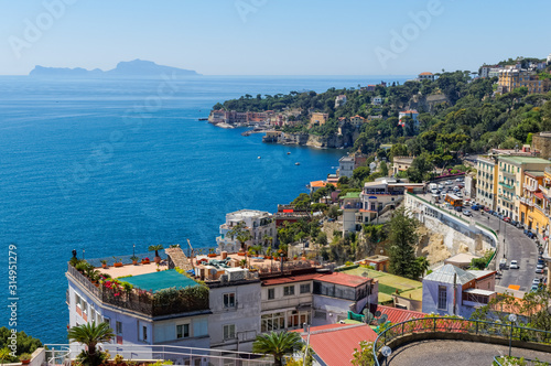 Panoramic view of the Bay of Naples with Capri island in the background, Italy