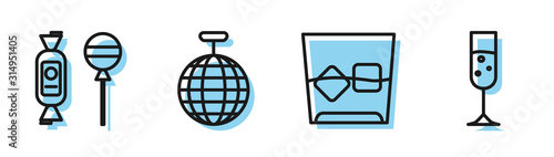Set line Glass of whiskey and ice cubes , Lollipop , Disco ball and Glass of champagne icon. Vector