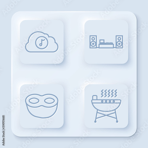 Set line Music streaming service , Home stereo with two speakers , Festive mask and Barbecue grill . White square button. Vector