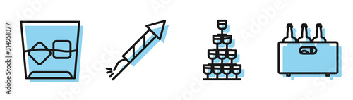 Set line Wine glasses stacked in a pyramid tower , Glass of whiskey and ice cubes , Firework rocket and Bottles of wine in a wooden box icon. Vector