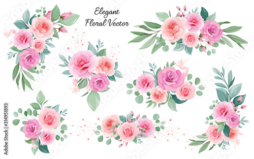 Flowers vector collection. Floral art decoration of peach and blush roses, leaves, branches. Romantic botanic illustration elements for wedding, greeting, and valentine card design.