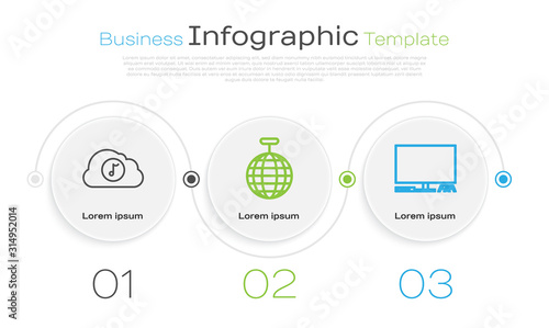 Set line Music streaming service , Disco ball and Video game console . Business infographic template. Vector