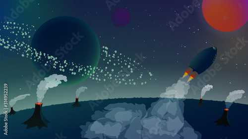 Space landscape with a rocket flying away from the planet with volcanoes. Asteroid belt around the planet. Beautiful smoke from rockets and volcanoes. Starry sky. Space flight. Vector illustration.