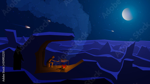 Polygonal night moonlit landscape with a man cooking at the stake. A bear is standing aside, hiding and watching. Sky with stars, moon and meteorites. Smoke from the fire rises to the sky. Vector.