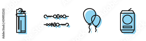 Set line Balloons with ribbon , Lighter , Grilled shish kebab and Beer can icon. Vector