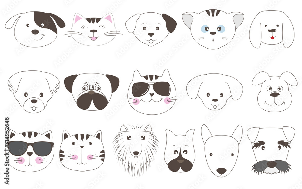 Cute face cats and dogs cartoon in flat style. Cute face cats and dogs cartoon in flat style.