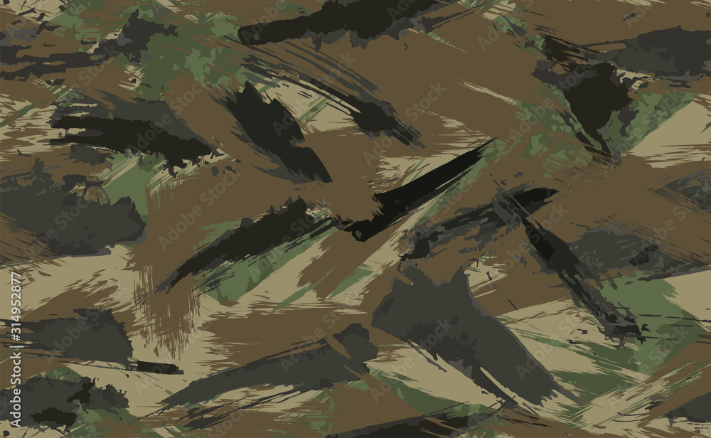 Seamless Brush Stroke Camouflage print. Vector pattern Green brown black  olive colors forest texture. Fabric and fashion textile paint. Camouflage  pattern background. Vector Seamless Camouflage Stock-Vektorgrafik | Adobe  Stock