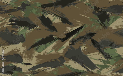 Seamless Brush Stroke Camouflage print. Vector pattern Green brown black olive colors forest texture. Fabric and fashion textile paint. Camouflage pattern background. Vector Seamless Camouflage