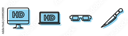 Set line 3D cinema glasses , Computer PC monitor with HD video technology , Laptop screen with HD video technology and Knife icon. Vector