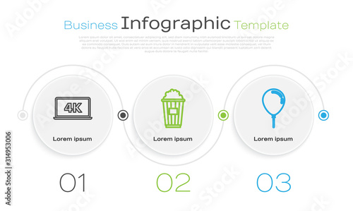 Set line Laptop screen with 4k video technology , Popcorn in cardboard box and Balloon with ribbon . Business infographic template. Vector