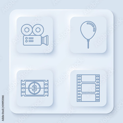 Set line Cinema camera , Balloon with ribbon , Play Video and Play Video . White square button. Vector