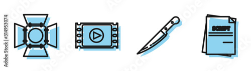 Set line Knife , Movie spotlight , Play Video and Scenario icon. Vector