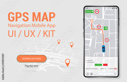 Map GPS Navigation Smartphone App Screen. UI, UX, KIT Mobile Application. Thoughtful and simple application shows roads, speed limit, time. Application search map navigation. Vector Navigation App