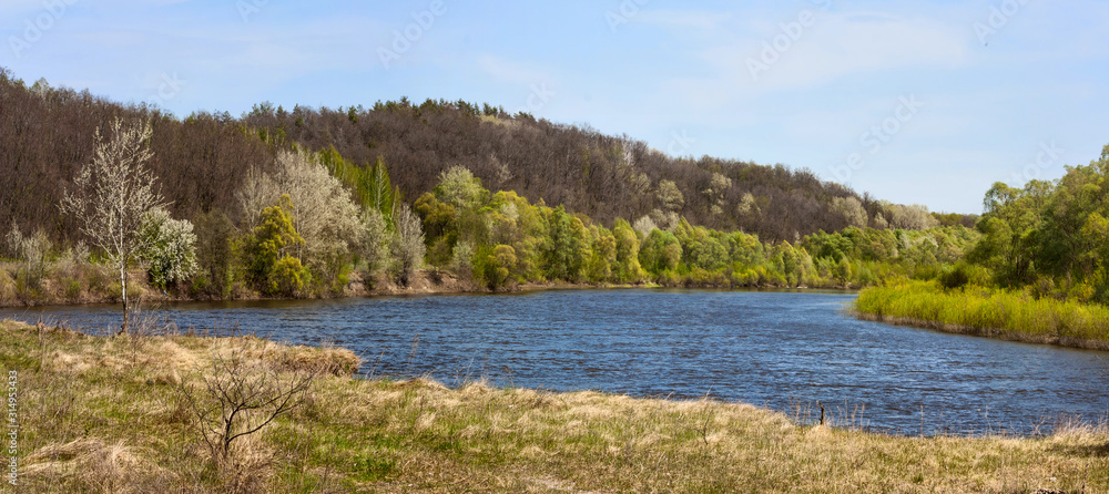 Springtime landscape, banner, panorama - view of the river bank in the spring in the north of Ukraine