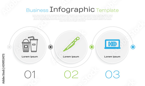Set line Popcorn and soda drink glass, Knife and Laptop screen with HD video technology . Business infographic template. Vector
