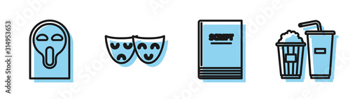Set line Scenario , Funny and scary ghost mask, Comedy and tragedy theatrical masks and Popcorn and soda drink glass icon. Vector