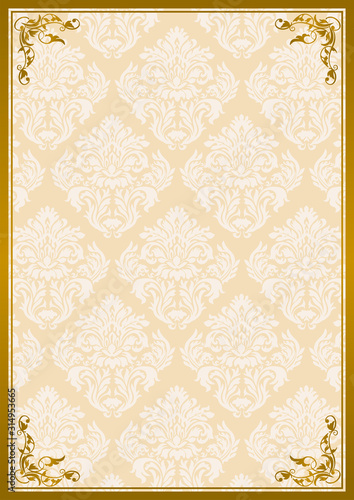 ダマスク柄背景とアンティークのフレームのテンプレート・フォーマット＿A4サイズ　イエロー系｜Frame and damask pattern background template