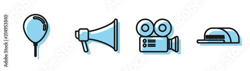 Set line Cinema camera , Balloon with ribbon , Megaphone and Cap with inscription director icon. Vector