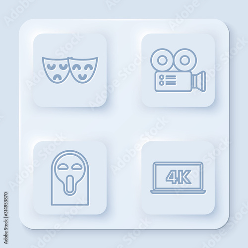 Set line Comedy and tragedy theatrical masks , Cinema camera , Funny and scary ghost mask and Laptop screen with 4k video technology . White square button. Vector