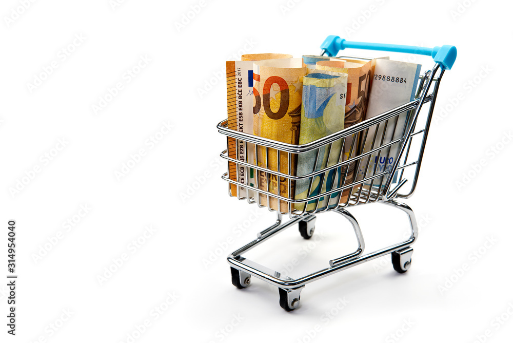 shopping cart full of euro banknotes isolated on white. Concept: loan, investment, pension, saving money, financing, collateral, debt, mortgage, financial crisis or rise, rise or fall of shares