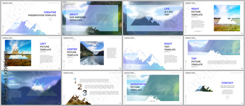 Presentations design, vector templates. Background for tourist camp, nature tourism, camping. Aadventure design concept. Multipurpose template for presentation slide, flyer leaflet, brochure cover.