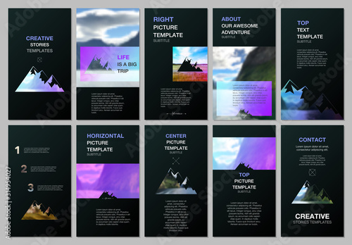 Creative social networks stories design, vertical banner or flyer template. Covers design templates for flyer, brochure. Background for tourist camp, nature tourism, camping. Aadventure design concept