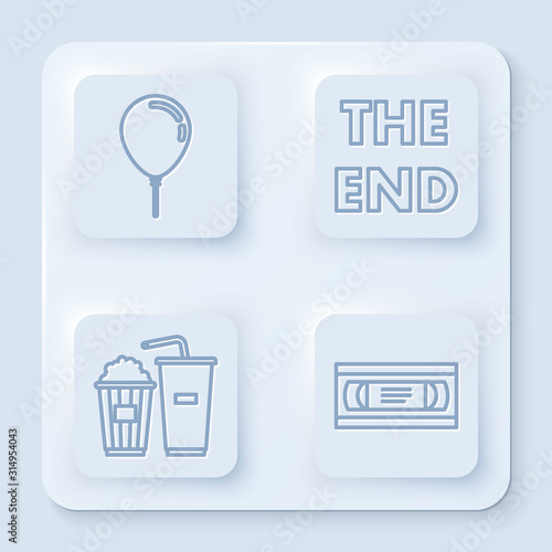 Set line Balloon with ribbon , The End handwritten inscription , Popcorn and soda drink glass and VHS video cassette tape . White square button. Vector
