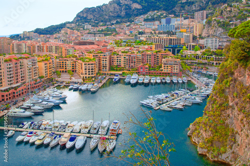 Monte Carlo panorama, Monaco. A lot of yachts and boats on the port, aerial view. Bright summer colors. 