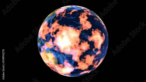 Rotating planet earth with clouds and gas of flaming fire burning from bottom to top direction. Perfect CG seamless loop. For global warming, world environment crisis photo